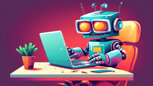 A friendly cartoon robot using a laptop to build a website