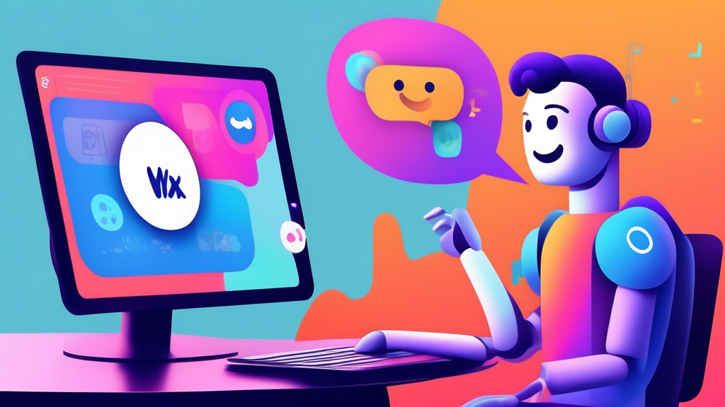 Prompt: An AI-powered chatbot on a computer screen, engaging in a helpful conversation with a smiling user, with the Wix logo prominently displayed in the background.