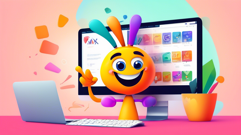 A friendly cartoon Wix logo character pointing to a computer screen displaying the Wix website builder interface, with a cheerful and colorful design.