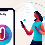 Prompt: A digital illustration showing a person using a smartphone to log into their Xfinity account through the Xfinity XFi app, with the Xfinity logo prominently displayed and a stylized Wi-Fi symbo