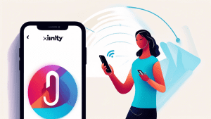 Prompt: A digital illustration showing a person using a smartphone to log into their Xfinity account through the Xfinity XFi app, with the Xfinity logo prominently displayed and a stylized Wi-Fi symbo