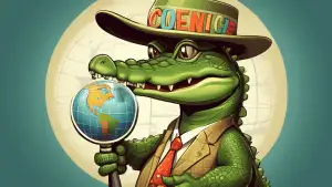 A friendly alligator wearing a concierge hat, holding a magnifying glass to a globe with Your Domain written on it.