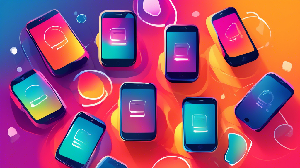 A digital illustration showing five smartphones arranged in a circle, each displaying a different colorful chat bubble with text inside, representing a lively group conversation. The background is a v