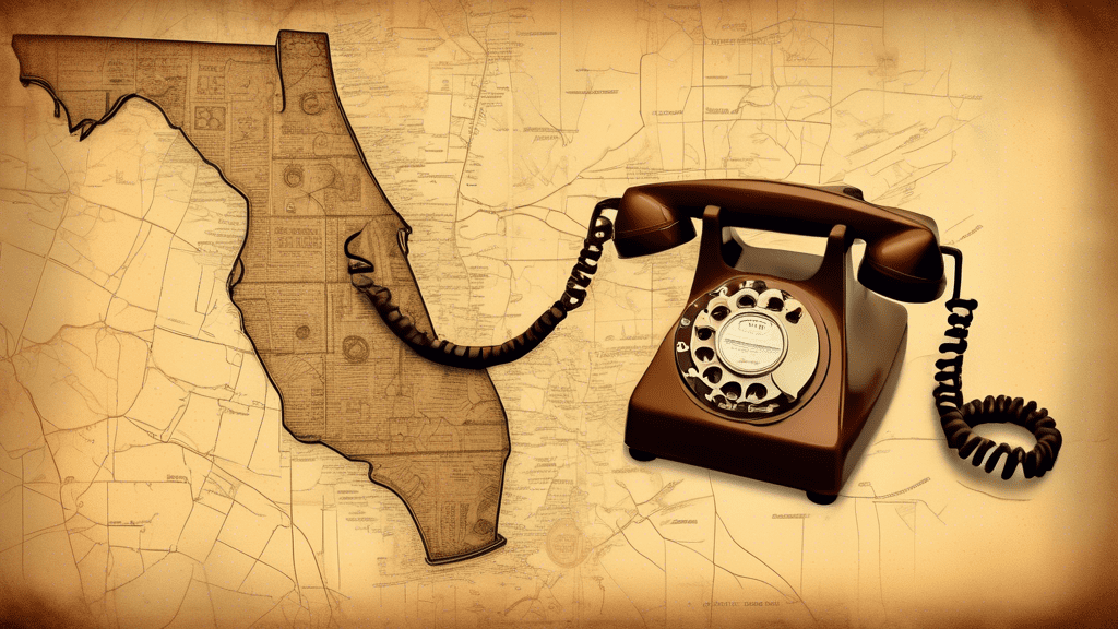 A vintage rotary phone with 727 encased in its rotary dial, overlaid on a faded sepia map of Florida with a glowing pinpoint on Tampa Bay.