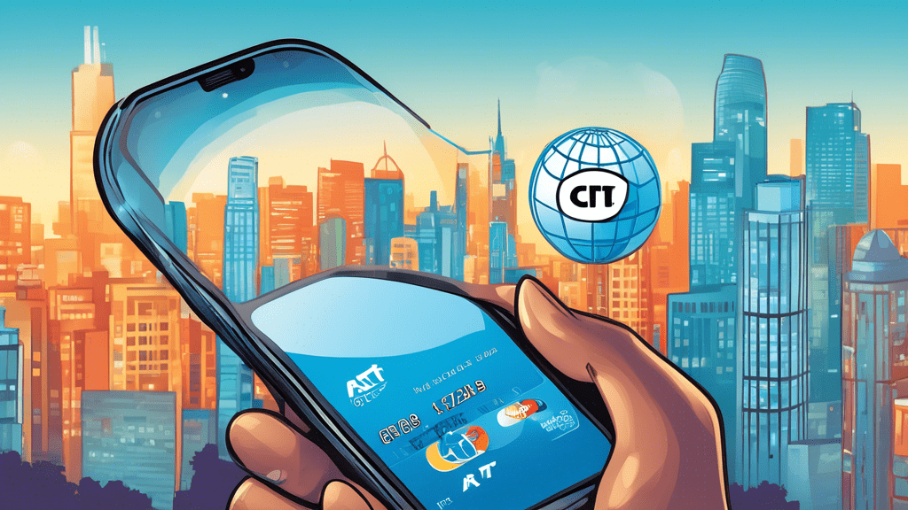 A friendly cartoon AT&T globe holding a magnifying glass to a smartphone displaying the AT&T Universal Citi Card login screen, with a cityscape background.
