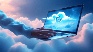 A hand reaching out to touch a glowing blue GoHighLevel logo floating in a cloudy, ethereal sky with a laptop resting on a bed of clouds below.