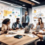 Create an image of a diverse team of marketers in a modern office setting, collaborating dynamically around a large table with laptops, tablets, and sticky notes. The scene should illustrate agile mar