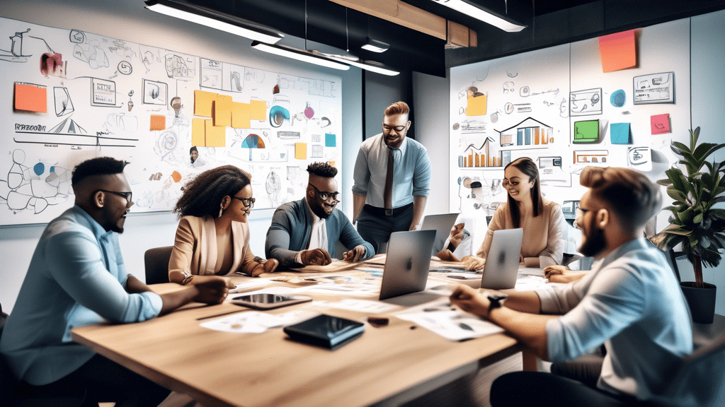 Create an image of a diverse team of marketers in a modern office setting, collaborating dynamically around a large table with laptops, tablets, and sticky notes. The scene should illustrate agile mar