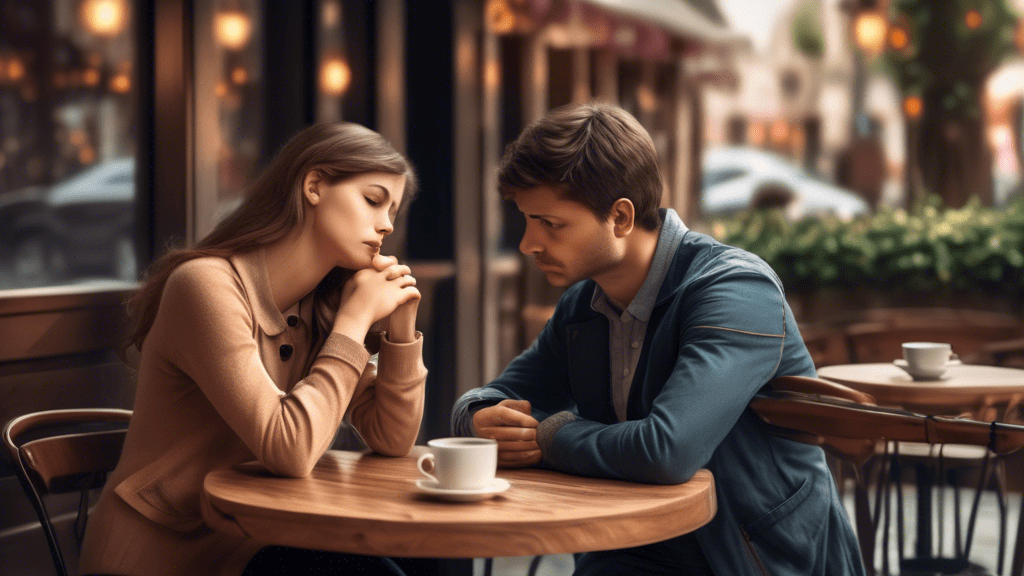 Create an image depicting a heartfelt and sincere apology scene: two people are sitting at a cozy cafe table, one person has a concerned and remorseful expression, while the other looks thoughtful and