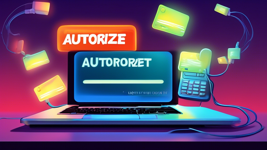 A friendly cartoon credit card being plugged into a giant, welcoming computer with the words Authorize.Net glowing on top.