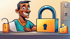 A friendly cartoon guide showing a smiling person logging into their Authorize.Net account, with a giant padlock and credit card in the background.