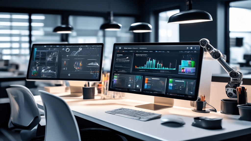 Create an image showcasing a modern, high-tech workspace with advanced automation tools. Show a dashboard on a sleek computer screen displaying various custom automation workflows, charts, and graphs