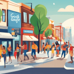 Create a vibrant and modern street scene featuring a variety of local businesses, such as cafes, boutiques, and restaurants, each showcasing Google Local Ads on digital displays. The ads should highli