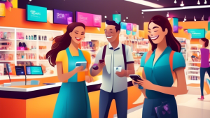 Create an image showcasing a vibrant and modern retail store with happy, diverse customers using a high-tech customer loyalty application on their smartphones. The scene should include friendly staff