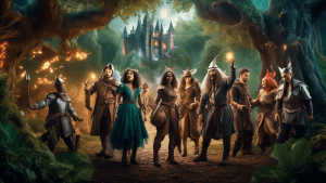 A group of diverse, enthusiastic people dressed in intricate fantasy costumes, engaging in a live-action role-playing game in a lush, enchanted forest. Characters include wizards, knights, elves, and