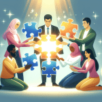 A diverse team of people working together on a puzzle, with glowing puzzle pieces representing breakthroughs and a calm, supportive environment.