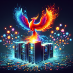 A phoenix rising from a pile of computer servers, surrounded by a glowing network of interconnected nodes.