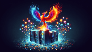 A phoenix rising from a pile of computer servers, surrounded by a glowing network of interconnected nodes.