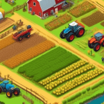 Create a vibrant and detailed image of an ultra-modern, high-tech farming simulation game. The scene should feature lush fields, futuristic farming equipment like drones and automated tractors, and a