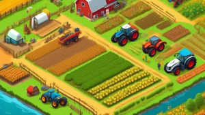 Create a vibrant and detailed image of an ultra-modern, high-tech farming simulation game. The scene should feature lush fields, futuristic farming equipment like drones and automated tractors, and a