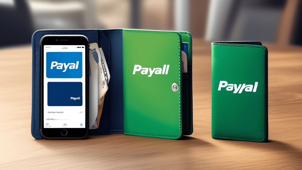 Create an image of two distinct wallets, each with the PayPal logo prominently displayed on them. One wallet should be blue and the other green, symbolizing two separate accounts. In the background, i