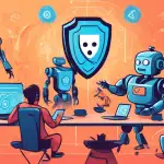 Create a detailed digital illustration that depicts a virtual Zoom meeting with participants visibly engaged. In the background, depict an array of mischievous robots (representing bots) attempting to