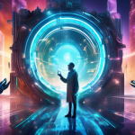 Create a vibrant, surreal image that combines elements of advanced technology and mystical portals. Imagine a futuristic cityscape where skilled individuals expertly manipulate glowing, swirling porta