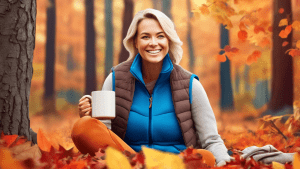 Here is a DALL-E prompt for an image related to the article title Cozy Comfort: Women's Columbia Fleece Vests:nnA smiling woman wearing a cozy blue Columbia fleece vest, sitting in a picturesque autum