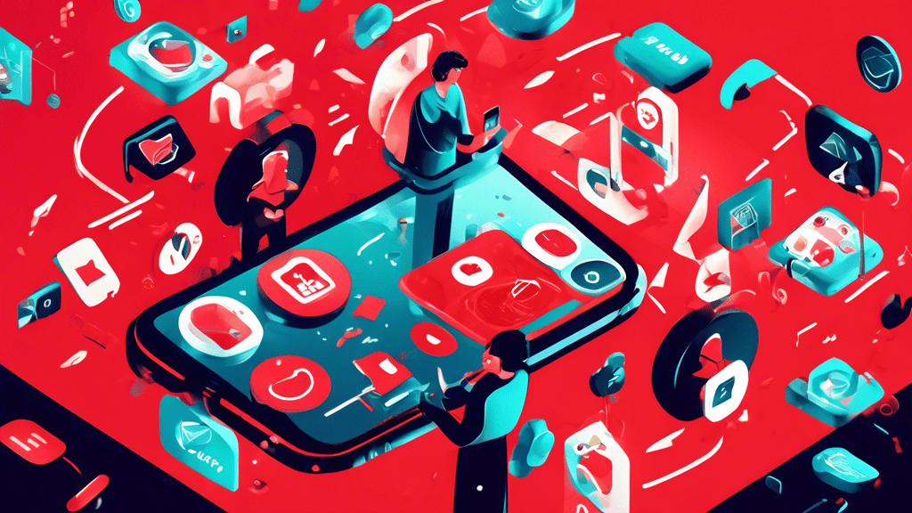Create a digital illustration that depicts a person using a smartphone, surrounded by spam messages and calls. The image should include symbols like red warning icons, blocked call symbols, and a shie