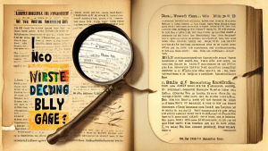 A vintage book titled Decoding Billy Gene with a magnifying glass analyzing the words Is Marketing on a faded page.
