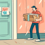 A frustrated delivery person holding a crumpled package in front of a locked door with a Sorry we missed you slip sticking out.