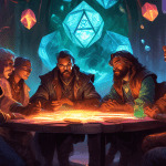 A group of adventurers gathered around a table illuminated by a glowing D20, with a fantastical scene unfolding behind them reflecting the game master's narration.