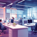 Create a detailed illustration of a modern office environment where automation technologies streamline various business processes. Showcase elements like AI-driven software optimizing workflows, robot