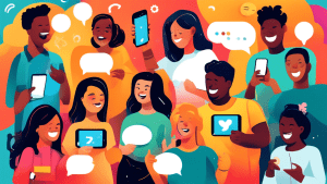 Create an image depicting a diverse group of people joyfully engaged in a group text conversation on their smartphones, surrounded by speech bubbles filled with emojis, short messages, and icons repre