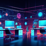 Create an image of a modern office with sleek workstations and various digital devices interconnected with a glowing network. Show automated processes represented by gear icons and flowcharts smoothly