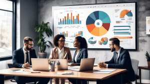 Create an image that represents a business meeting room with a diverse group of professionals gathered around a table covered with charts, graphs, and laptops. On a large screen in the background, dis