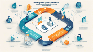 A detailed infographic illustrating the process of buying IP addresses: showcasing steps like evaluating needs, finding a reputable broker, verifying the seller, understanding costs, and completing th