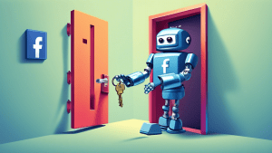 A frustrated robot trying to open a door labeled Facebook Access with a key shaped like an error message.