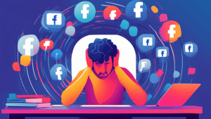 A frustrated user with their head in their hands, staring at a giant Facebook login popup requesting their password.
