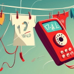 A frustrated cartoon phone hanging on a clothesline with a red X over it, tangled in a web of cords labeled invalid number.