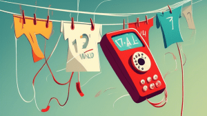 A frustrated cartoon phone hanging on a clothesline with a red X over it, tangled in a web of cords labeled invalid number.