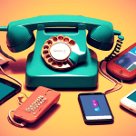 A vintage rotary phone splitting into multiple modern smartphones, with the Google Voice logo hovering above.