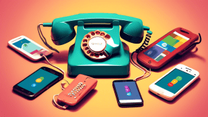 A vintage rotary phone splitting into multiple modern smartphones, with the Google Voice logo hovering above.