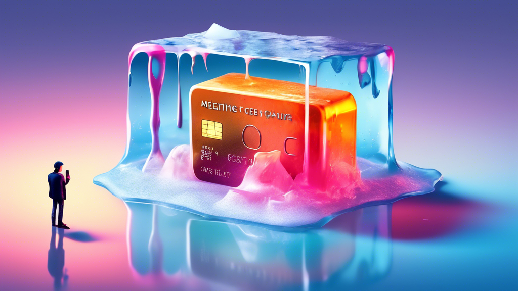 A credit card trapped inside of an ice cube melting with a worried person looking at it, with a Free Trial banner hanging on the melting ice cube.