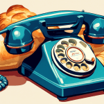 A vintage rotary phone with a baguette resting on top and a croissant in the rotary dial.