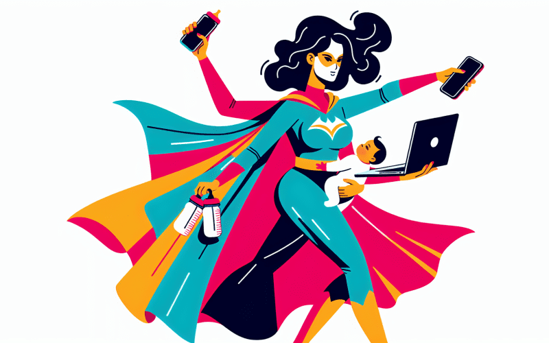 A superhero mom juggling a laptop, phone, and baby bottle, all while wearing a cape that says Mompreneur.
