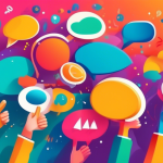 A hand using a colorful megaphone to collect colorful speech bubbles with different emotions and feedback symbols floating in the air.