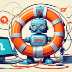 A friendly robot holding a life preserver with the Zapier logo on it, offering it to a confused-looking person surrounded by tangled computer wires.
