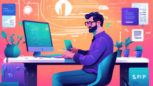 Create an illustration of a developer sitting at a desk, excitedly integrating the HelloSign API into their application. Surround the developer with technical gear such as a laptop, code snippets, API