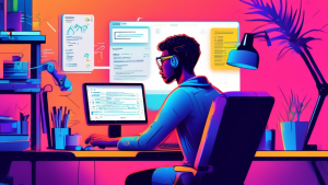 Create a vibrant and detailed illustration of a person sitting at a computer desk, intently working on integrating the Mailgun API into their application. The screen shows lines of code and Mailgun's